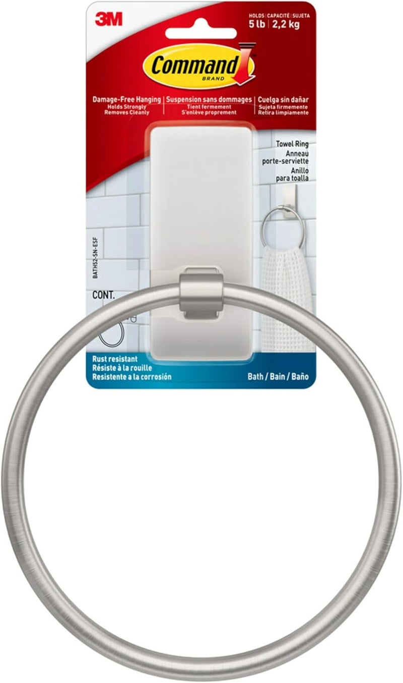 Command Hand Towel Holder Satin Nickel with Water Resistant Strips, Rust Resistant Bathroom Organizer, Holds up to 5 lbs - Image 1